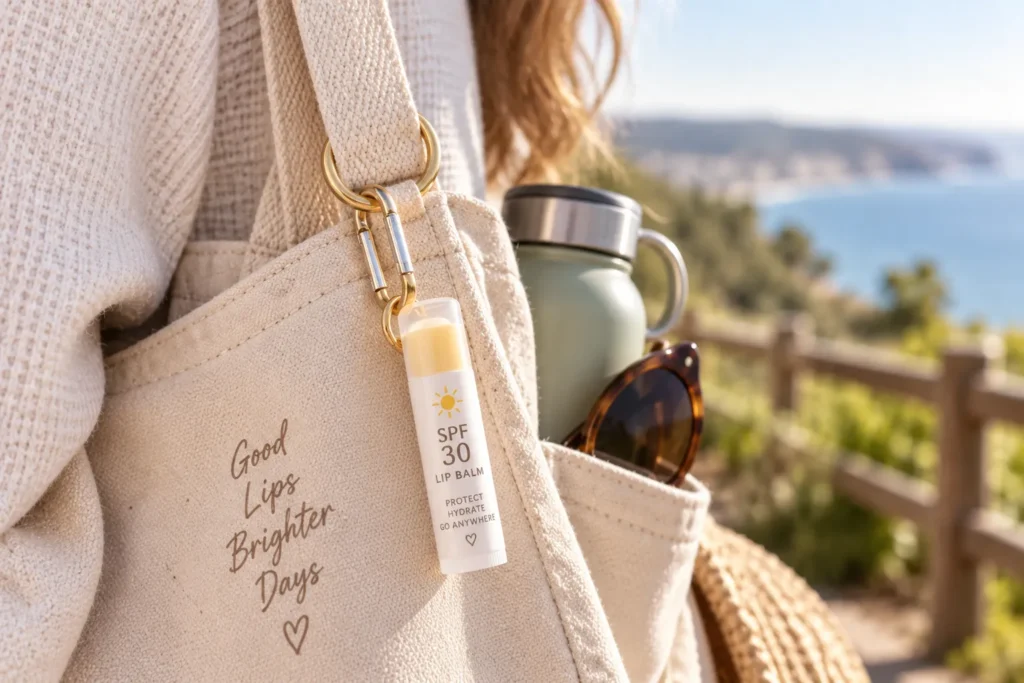 10 Best Lip Sunscreen Tips for Everyday Protection 10 Travel size SPF lip stick attached to bag for on the go use