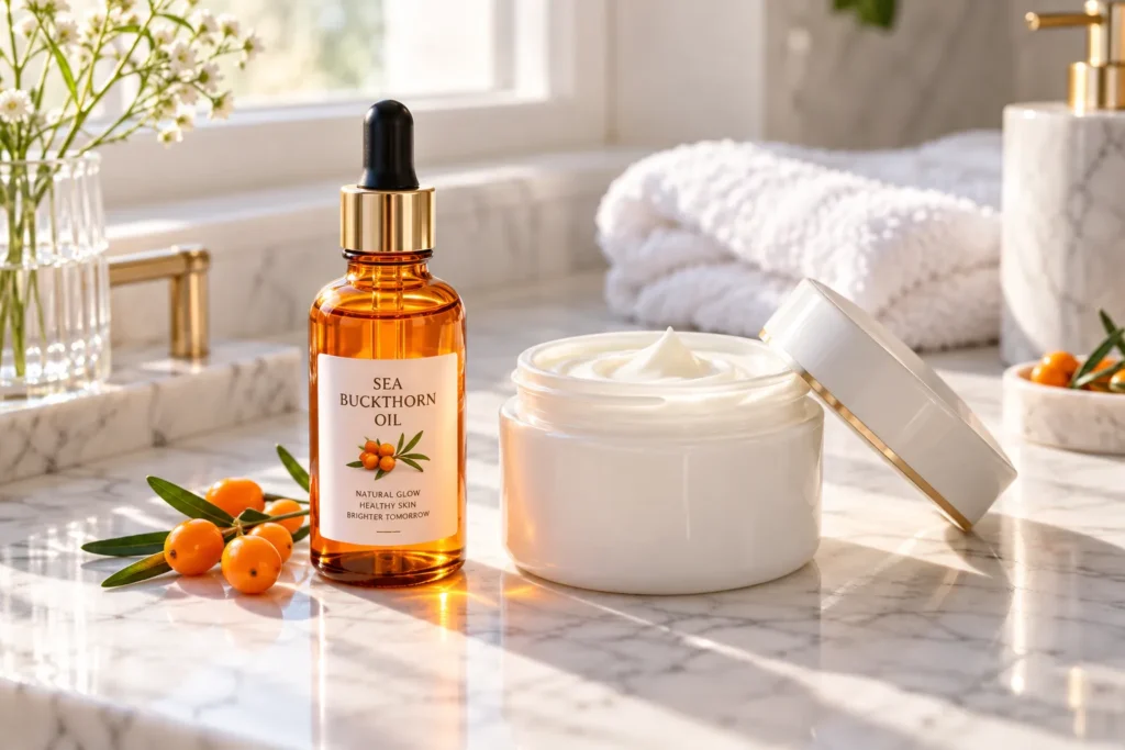 10 Sea Buckthorn Oil Uses for Naturally Glowing Skin 2 Amber glass bottle of sea buckthorn facial oil next to moisturizer jar on bathroom counter