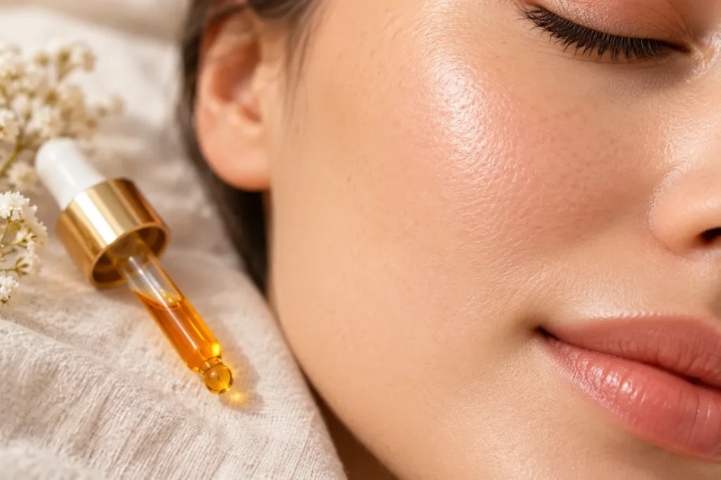 10 Sea Buckthorn Oil Uses for Naturally Glowing Skin 4 Close up of calm healthy skin with sea buckthorn oil dropper resting nearby