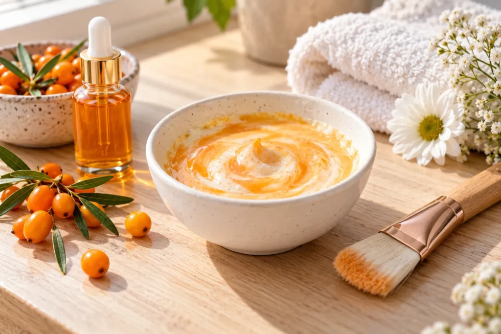 10 Sea Buckthorn Oil Uses for Naturally Glowing Skin 6 Bowl of yogurt and sea buckthorn oil hydrating face mask with brush
