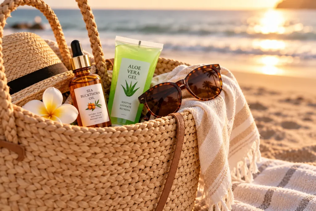 10 Sea Buckthorn Oil Uses for Naturally Glowing Skin 8 Beach bag with sea buckthorn oil and aloe vera gel for after sun care