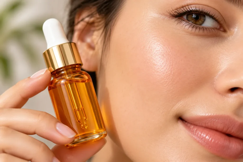 10 Sea Buckthorn Oil Uses for Naturally Glowing Skin 10 Sea buckthorn oil dropper bottle held near clear healthy skin
