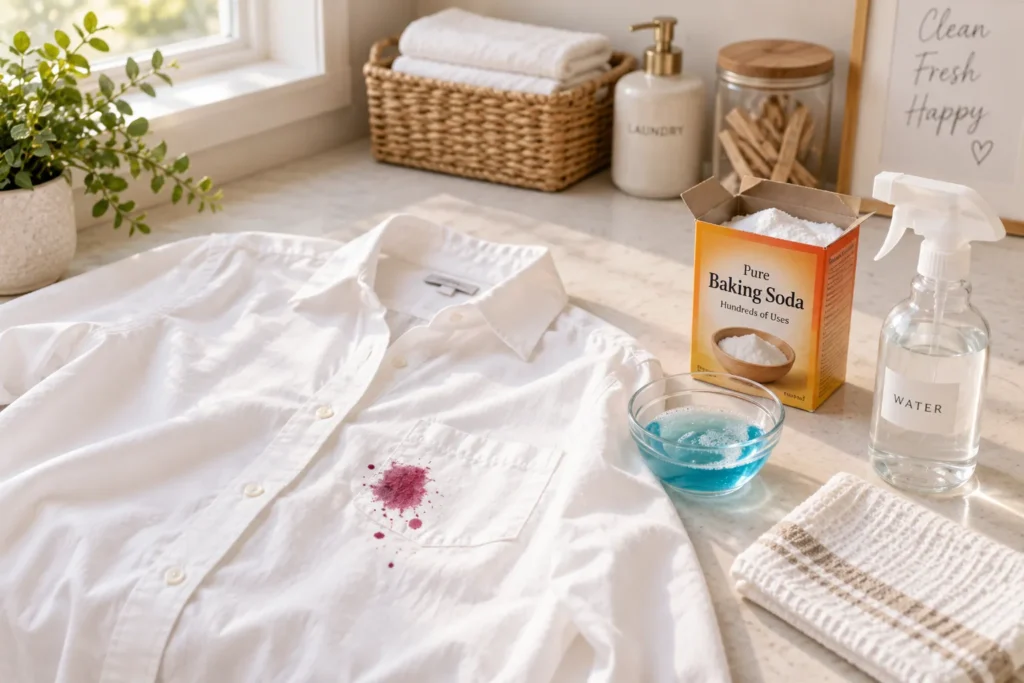 10 Fast Ways to Remove Stains On Clothes Today 2 Laundry room counter with stained white shirt and natural stain removing supplies for treating a stain on clothes