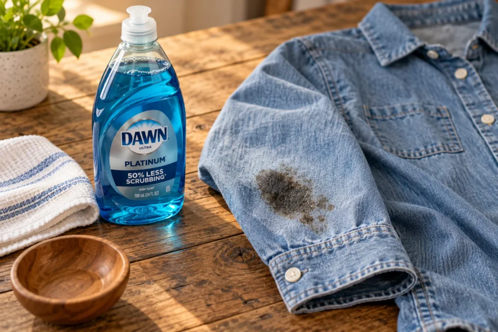 10 Fast Ways to Remove Stains On Clothes Today 4 Blue dish soap bottle next to a grease stained shirt sleeve for removing oil stains