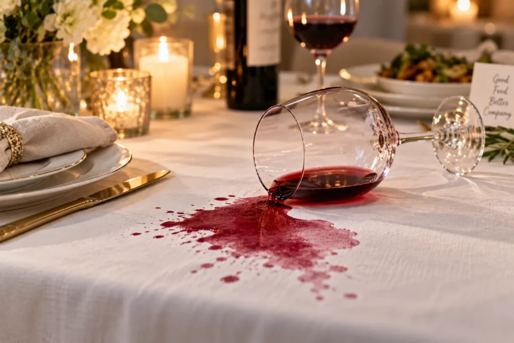 10 Fast Ways to Remove Stains On Clothes Today 6 Glass of red wine tipped over near a white tablecloth showing a fresh spill stain