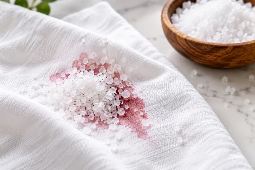 10 Fast Ways to Remove Stains On Clothes Today 8 Table salt on a damp cloth treating a faint pink blood stain