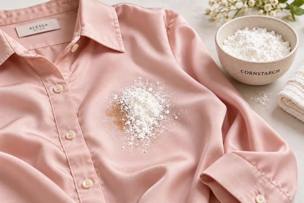 10 Fast Ways to Remove Stains On Clothes Today 10 Silk blouse with cornstarch powder absorbing a fresh oil stain