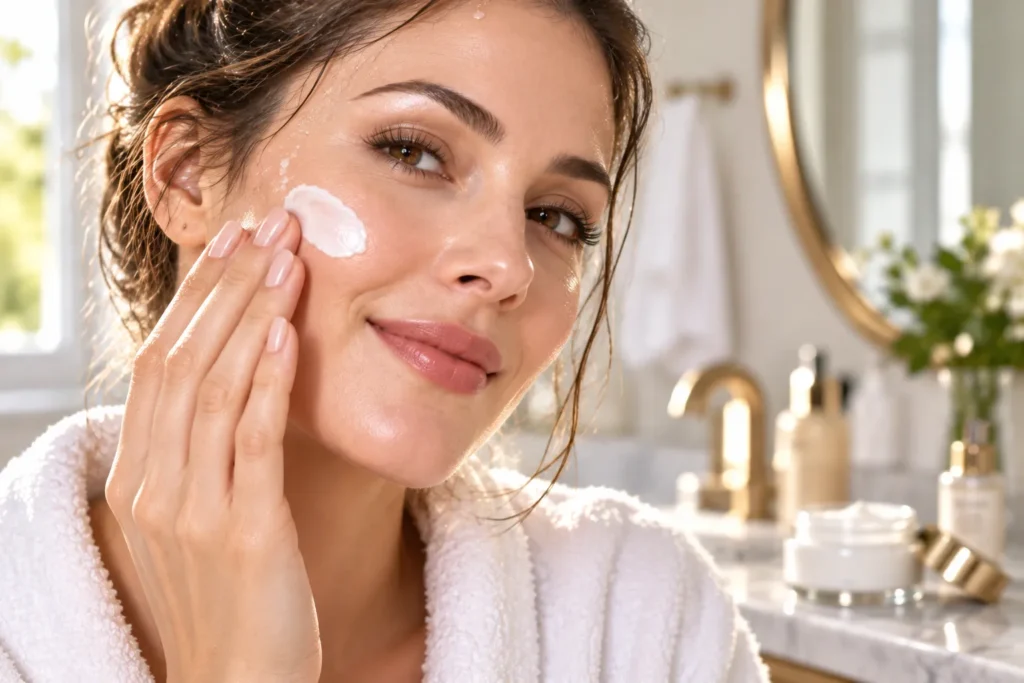 10 Anti Aging Moisturizer Secrets for a Youthful Glow 2 Woman patting anti aging moisturizer onto damp skin in the morning