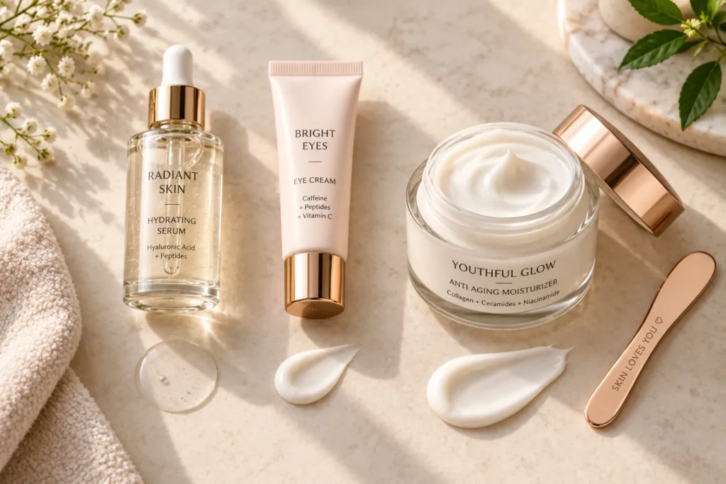 10 Anti Aging Moisturizer Secrets for a Youthful Glow 4 Skincare products arranged from thinnest serum to thickest moisturizer