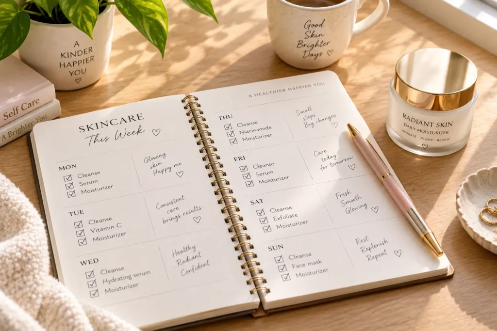 10 Anti Aging Moisturizer Secrets for a Youthful Glow 10 Weekly skin care tracking journal beside an anti aging moisturizer bottle