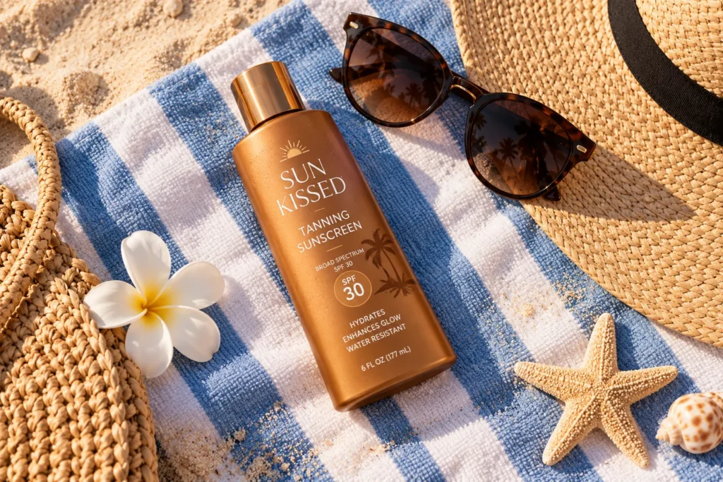 10 Best Tanning Sunscreens for Glowing Summer Skin 2 Tanning sunscreen bottle on a striped beach towel with sunglasses and sun hat
