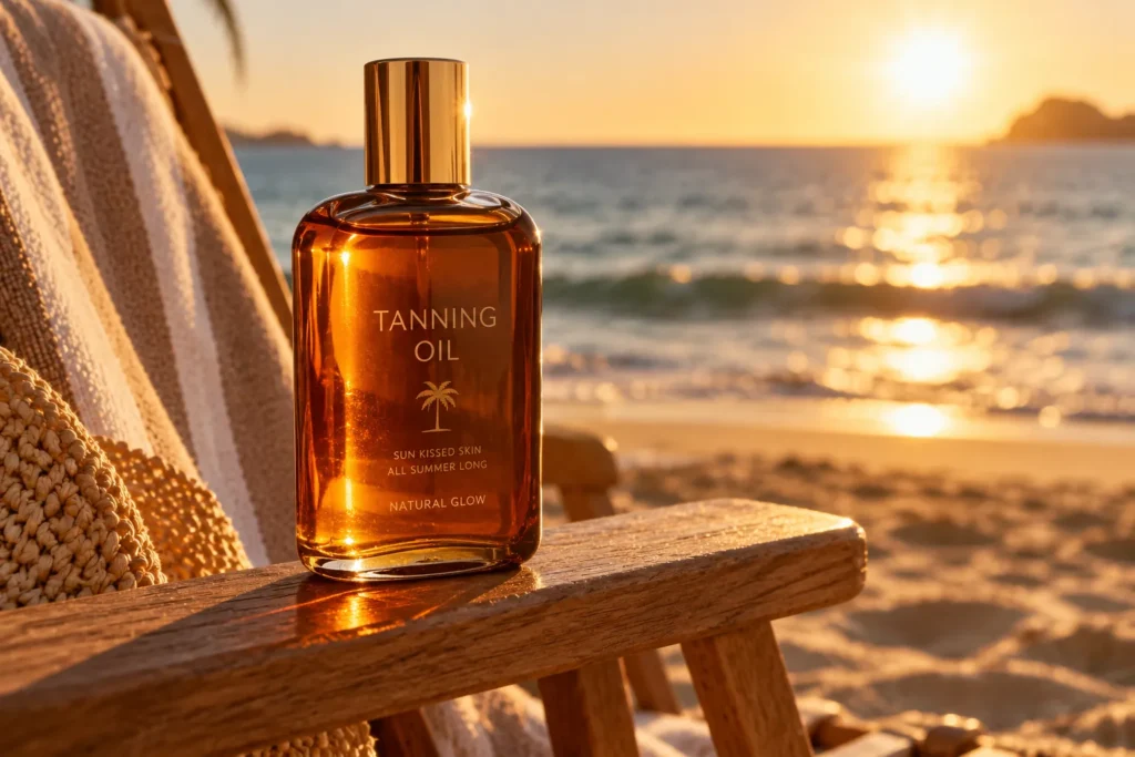 10 Best Tanning Sunscreens for Glowing Summer Skin 4 Dark tanning oil bottle in sunlight on a wooden beach chair