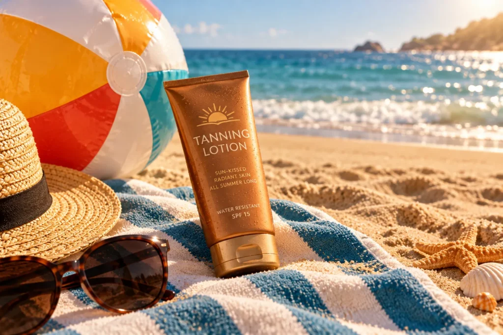10 Best Tanning Sunscreens for Glowing Summer Skin 6 Classic tanning lotion tube on a sandy beach towel with a beach ball