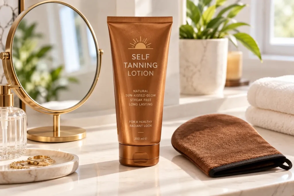 10 Best Tanning Sunscreens for Glowing Summer Skin 8 Self tanning lotion tube with a mirror and tanning mitt