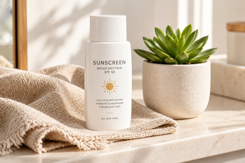10 Best Tanning Sunscreens for Glowing Summer Skin 10 Minimalist fragrance free sunscreen bottle with a small potted plant