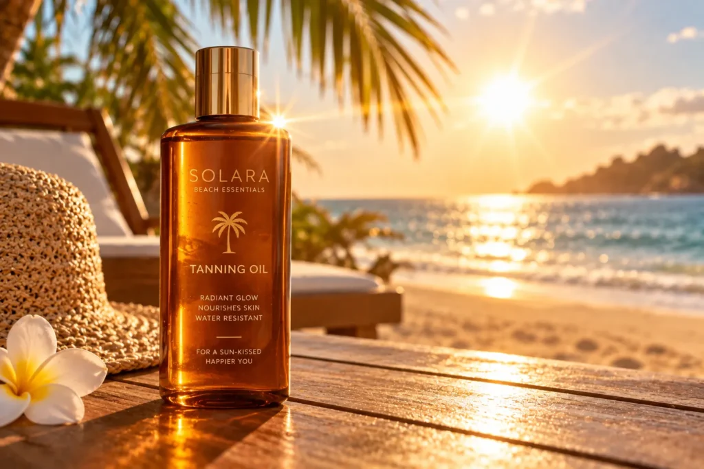 10 Best Tanning Sunscreens for Glowing Summer Skin 12 Tanning oil bottle reflecting sun rays on a summer afternoon