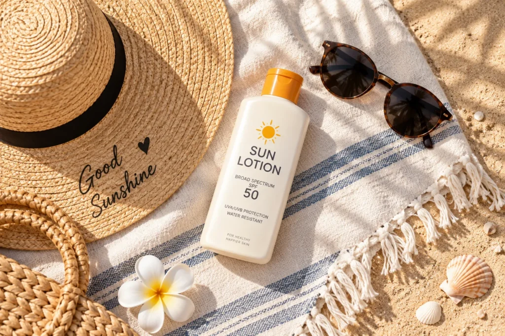 10 Sun Lotion Tips for a Glowing Summer Look 4 Sun lotion, sun hat, and sunglasses laid out before sun exposure