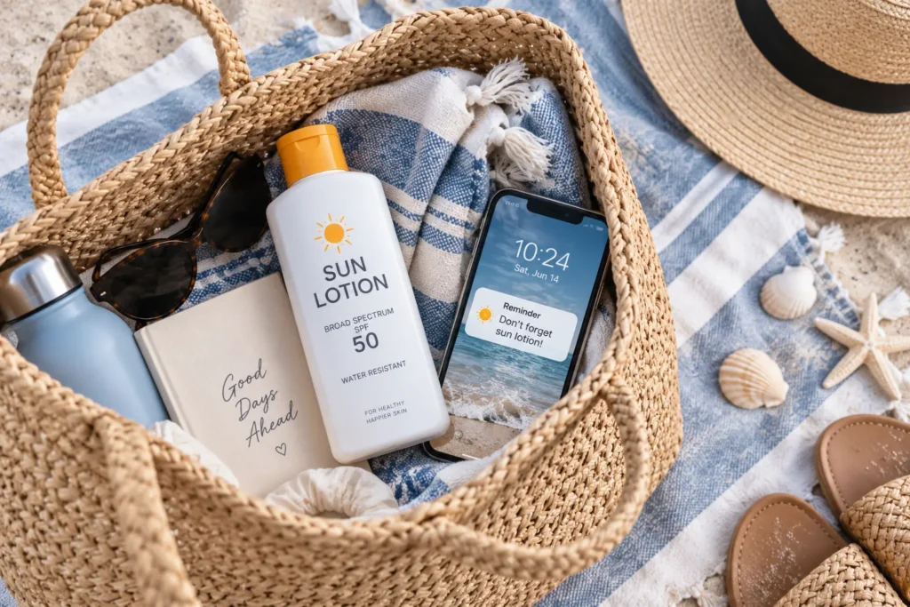 10 Sun Lotion Tips for a Glowing Summer Look 6 Beach bag with sun lotion and phone reminder for reapplication