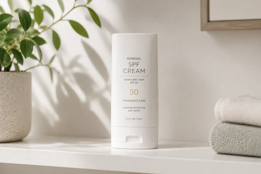 10 SPF Cream Tips for Healthy, Glowing Skin 10 Mineral SPF cream bottle for sensitive and reactive skin types