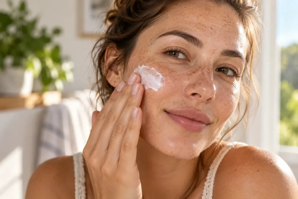 10 Sunscreen Ads Design Ideas That Grab Attention 6 Real, unretouched photo of a woman with natural skin texture applying sunscreen to her face
