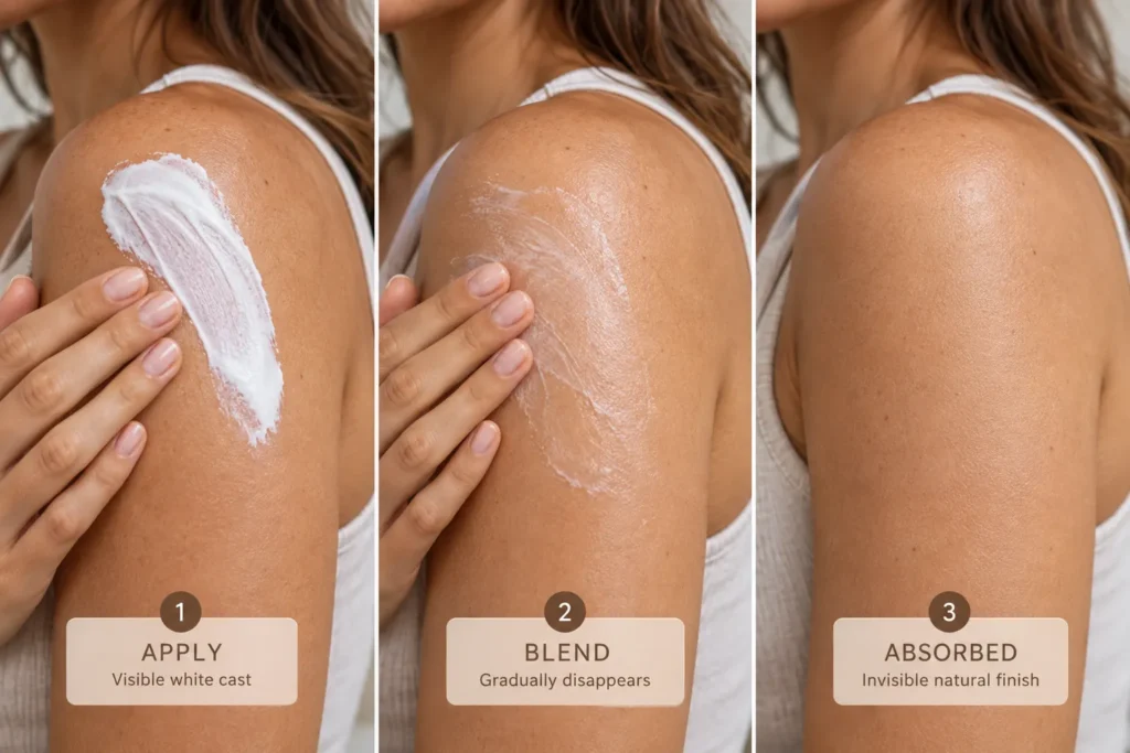 10 Sunscreen Ads Design Ideas That Grab Attention 10 Three-stage sequence of sunscreen blending into skin from white cast to invisible finish