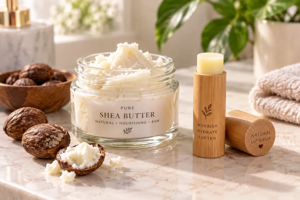 10 Nourishing Lip Balm Ideas for Softer, Healthier Lips 2 Raw shea butter jar and wooden lip balm tube for deep lip hydration