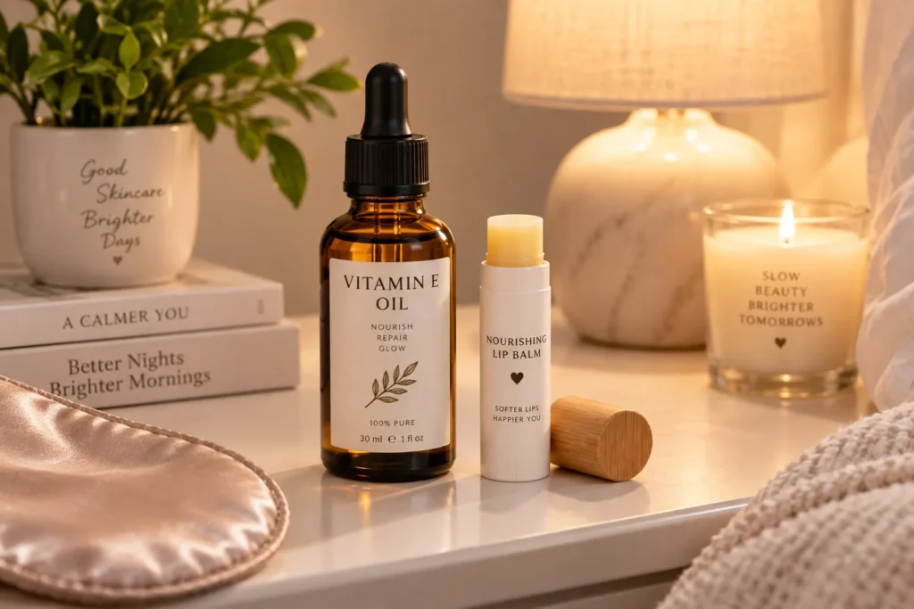 10 Nourishing Lip Balm Ideas for Softer, Healthier Lips 6 Vitamin E oil bottle and lip balm for repairing dry cracked lips