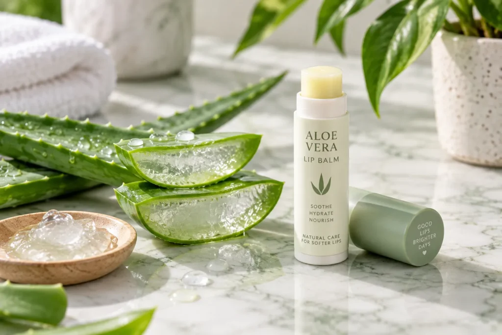 10 Nourishing Lip Balm Ideas for Softer, Healthier Lips 8 Fresh aloe vera leaf and lip balm for soothing sensitive lips