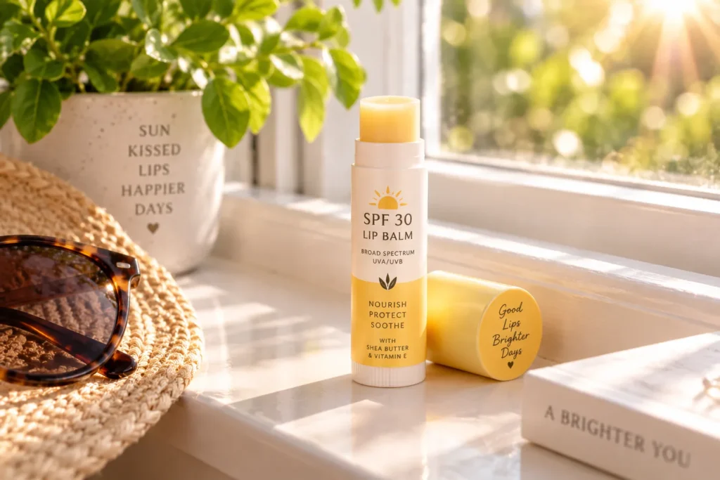 10 Nourishing Lip Balm Ideas for Softer, Healthier Lips 10 SPF lip balm tube on sunny windowsill for daytime lip protection