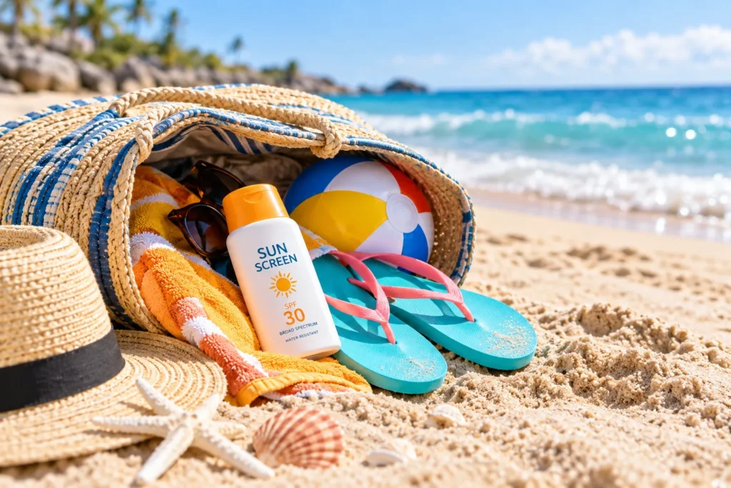 10 Best SPF 30 Vacation Sunscreens for Sunny Trips 3 Family beach bag with SPF 30 sunscreen, flip-flops, and beach ball on the sand