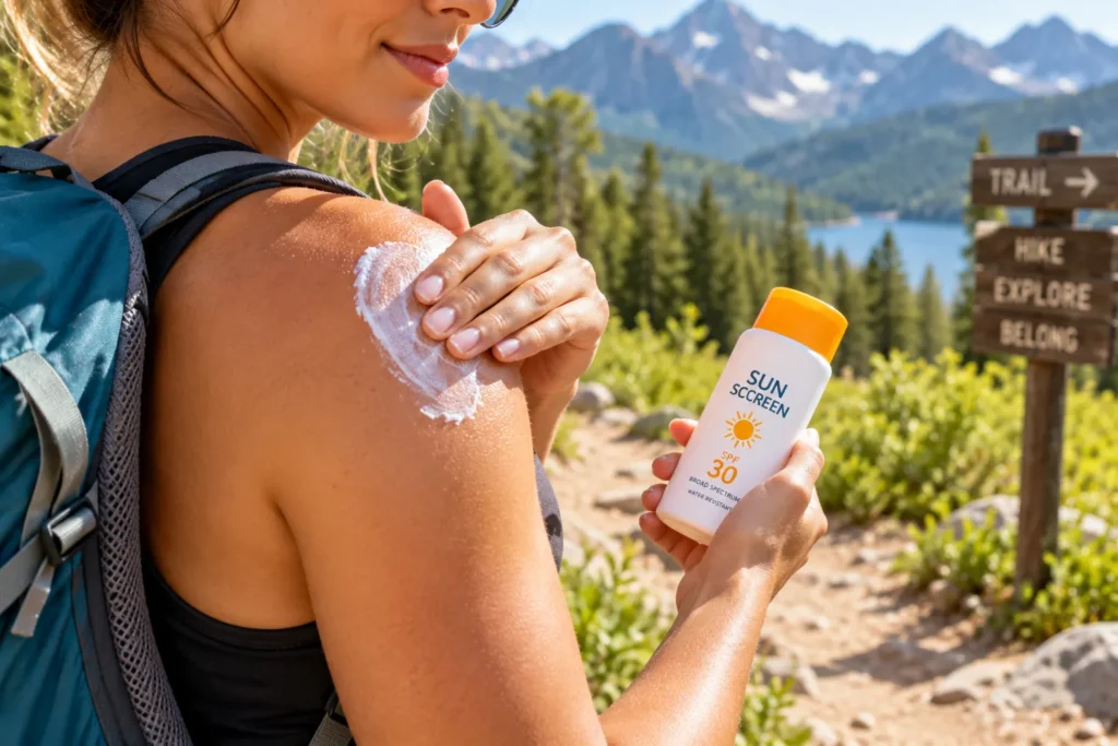 10 Best SPF 30 Vacation Sunscreens for Sunny Trips 5 Applying SPF 30 sport sunscreen before a hike on a scenic trail