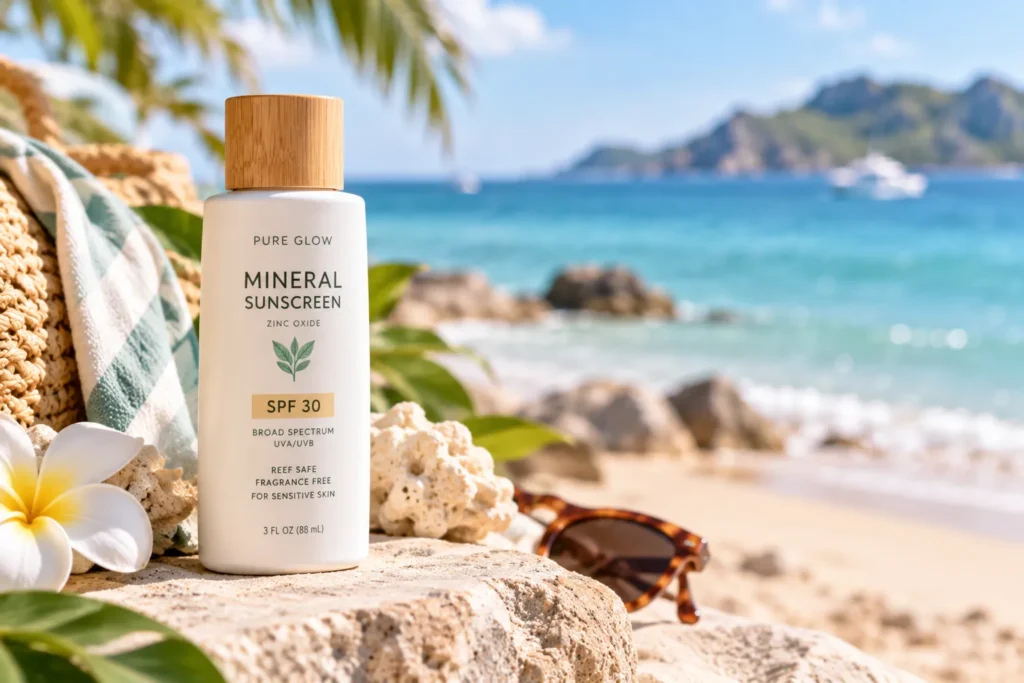 10 Best SPF 30 Vacation Sunscreens for Sunny Trips 7 Mineral SPF 30 sunscreen bottle with a soft-focus beach background