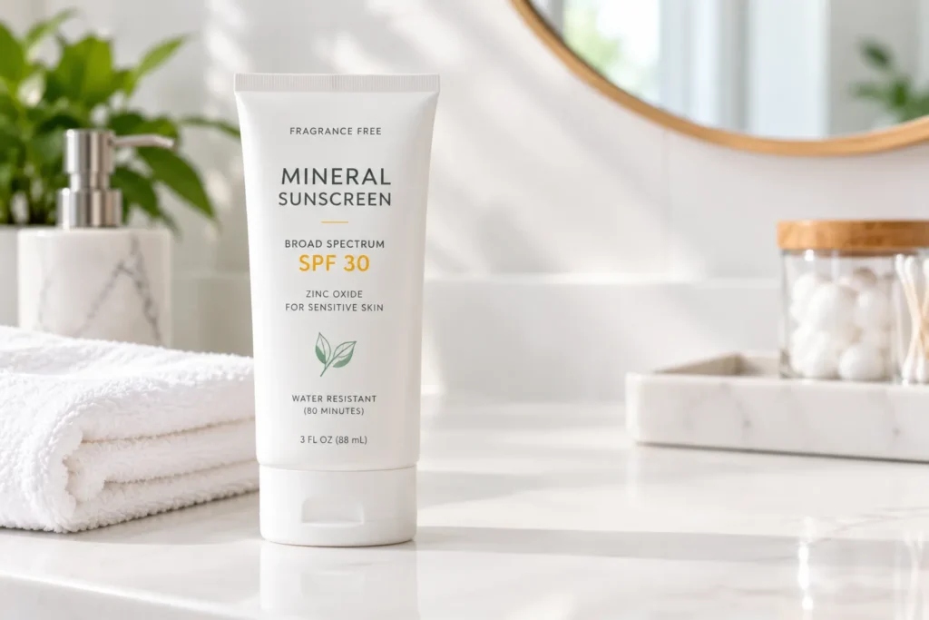 10 Best SPF 30 Vacation Sunscreens for Sunny Trips 9 Fragrance-free SPF 30 sunscreen bottle on a white bathroom counter