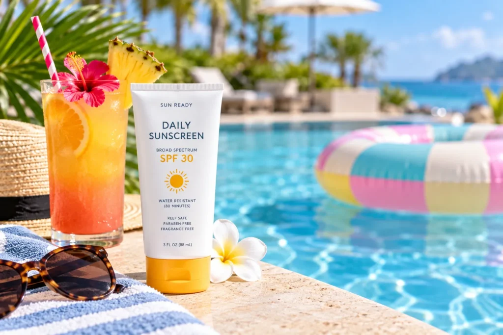 10 Best SPF 30 Vacation Sunscreens for Sunny Trips 11 SPF 30 sunscreen by the pool with a tropical drink and pool float