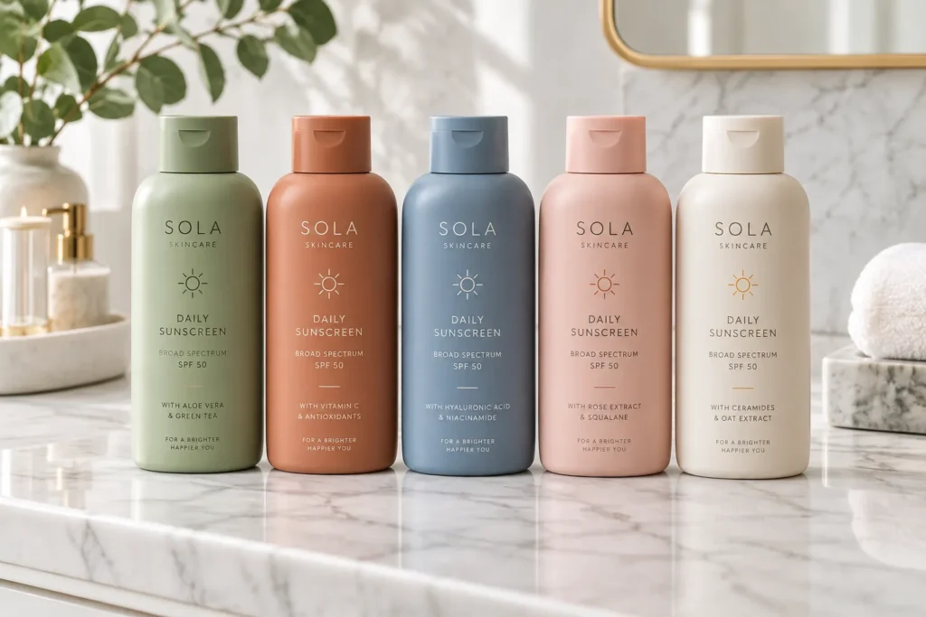 10 Summer Sunscreen Packaging Trends to Watch 3 Pastel matte sunscreen bottles arranged on a marble bathroom counter