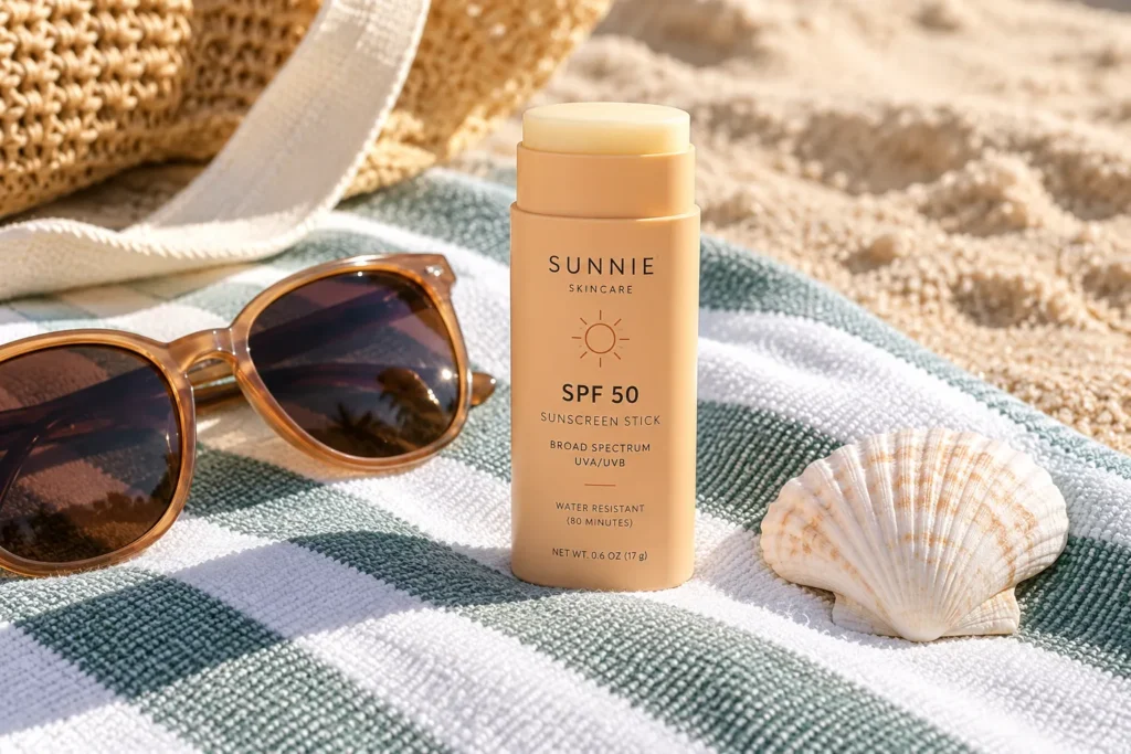 10 Summer Sunscreen Packaging Trends to Watch 5 Sleek sunscreen stick resting on a beach towel with sunglasses