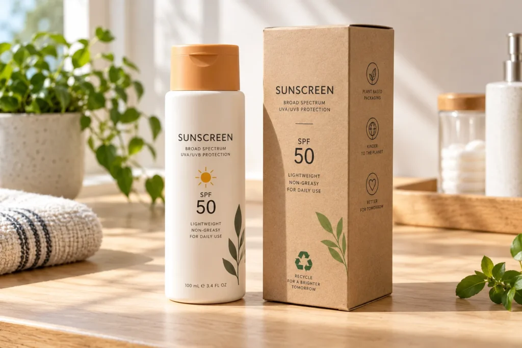 10 Summer Sunscreen Packaging Trends to Watch 7 Sunscreen bottle beside its recyclable paperboard packaging box