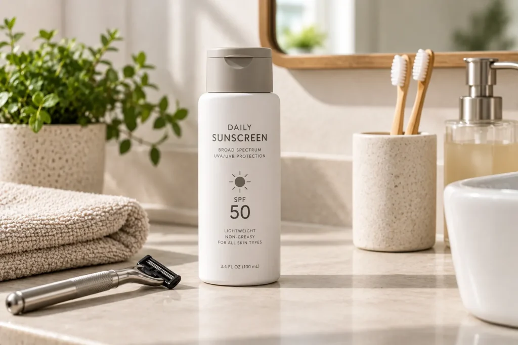 10 Summer Sunscreen Packaging Trends to Watch 9 Neutral toned unisex sunscreen bottle on a shared bathroom counter