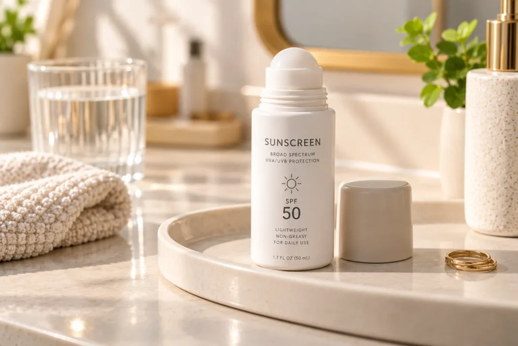 10 Summer Sunscreen Packaging Trends to Watch 11 Sunscreen bottle with a built in roller ball applicator on a vanity tray