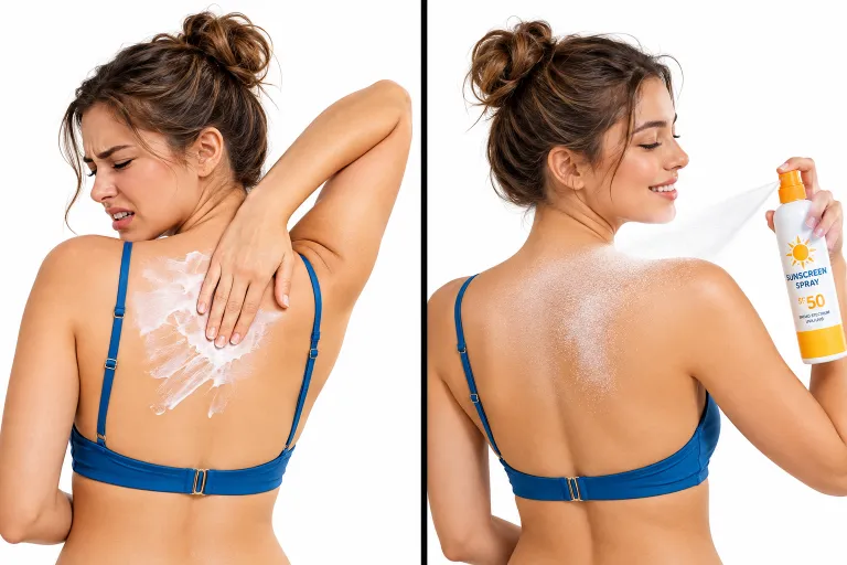 10 Summer Sunscreen Spray Ads to Inspire Your Brand 3 Split screen comparison of lotion application versus sunscreen spray application
