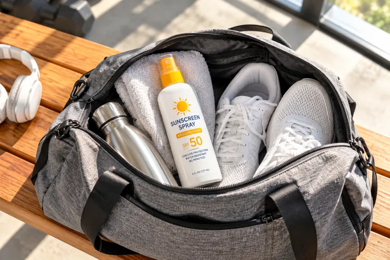 10 Summer Sunscreen Spray Ads to Inspire Your Brand 7 Sunscreen spray bottle in a gym bag with sneakers and water bottle