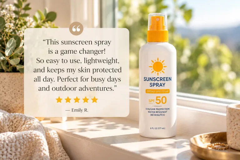 10 Summer Sunscreen Spray Ads to Inspire Your Brand 11 Quote graphic featuring a customer review over sunscreen product background