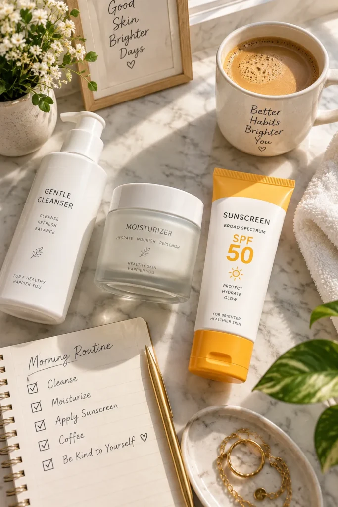 10 Sun Protection Lotion Ad Ideas That Actually Convert 5 Morning skincare routine including sunscreen as a daily step