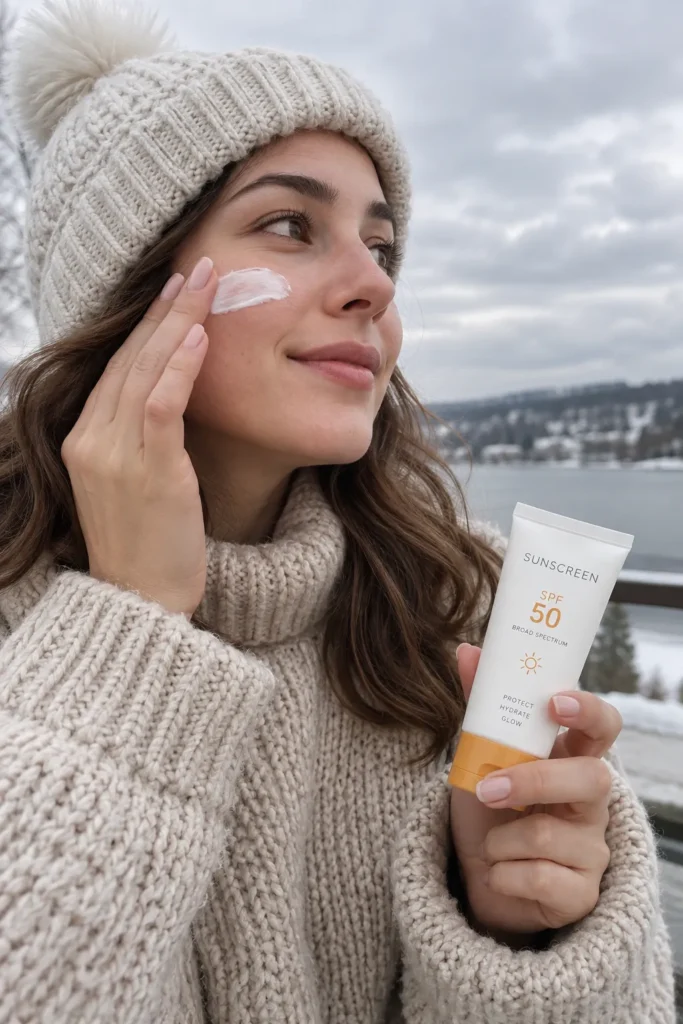 10 Sun Protection Lotion Ad Ideas That Actually Convert 7 Person applying sunscreen during a cold overcast day