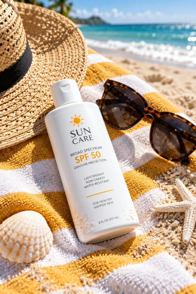 10 Vacation Sunscreen Products for Sunny Getaways 3 Body sunscreen milk bottle resting on a beach towel with sunglasses nearby