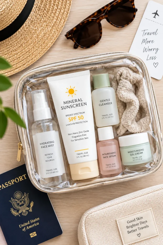 10 Vacation Sunscreen Products for Sunny Getaways 5 Mineral sunscreen tube packed inside a clear TSA-approved toiletry bag