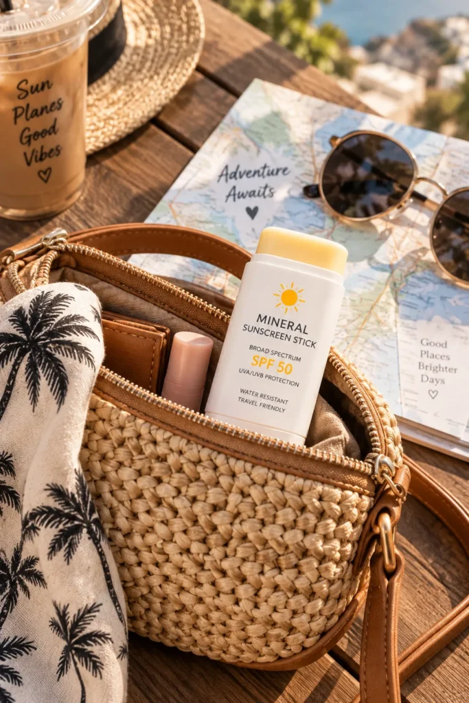 10 Vacation Sunscreen Products for Sunny Getaways 7 Sunscreen stick tucked into a small crossbody travel bag with sunglasses