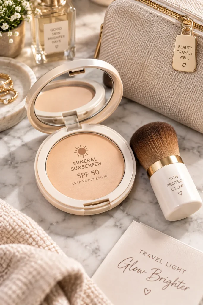 10 Vacation Sunscreen Products for Sunny Getaways 9 Powder sunscreen brush compact open beside a small makeup bag