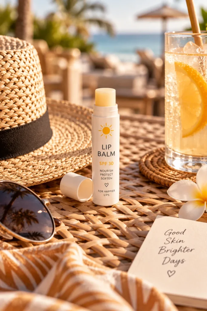 10 Vacation Sunscreen Products for Sunny Getaways 11 SPF lip balm tube next to a sun hat and a cold drink