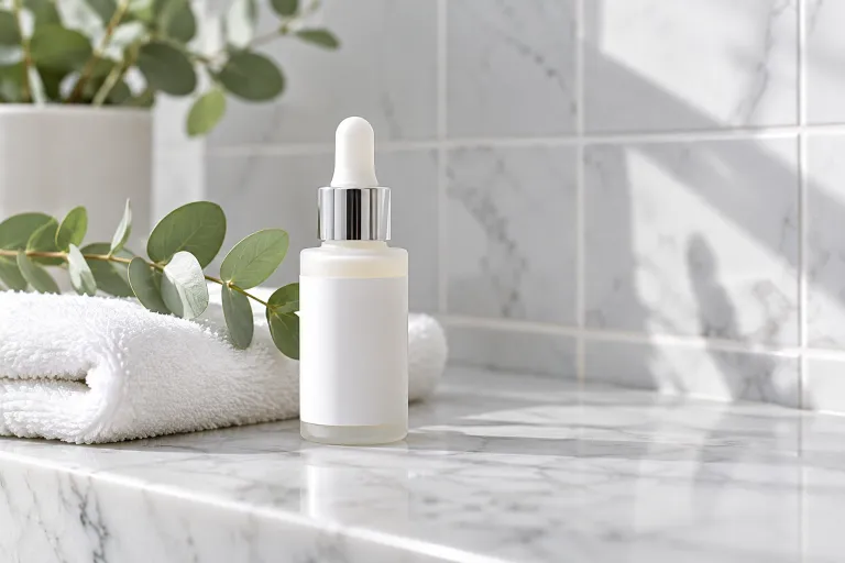 10 Acne Face Tips for Clearer, Healthier Looking Skin 3 Small bottle of salicylic acid serum on a marble shelf beside a folded washcloth